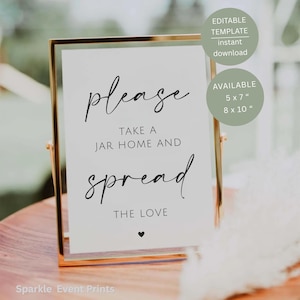Cartello minimalista "Diffondi l'amore", bomboniera in barattolo per matrimonio, decorazione da tavolo per matrimonio stampabile, modello Canva modificabile