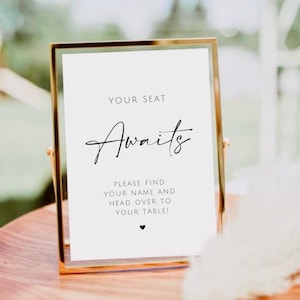 Placa Your Seat Awaits, Placa Find Your Table, Por favor, encontre seu nome, Placa de cartão de lugar, Placa de cartão de nome de casamento para impressão, Mapa de assentos de casamento
