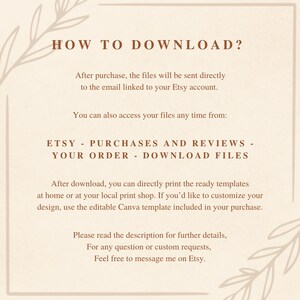 May include: A beige informational graphic with brown text titled HOW TO DOWNLOAD? It explains that files are sent to the email linked to an Etsy account, accessible via PURCHASES AND REVIEWS, and can be printed or customised using Canva templates.