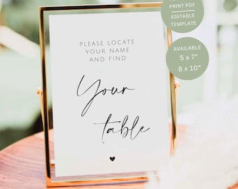 Find Your Table Sign, Seating Chart, Printable Wedding Table Decor Signage, Editable Canva Template