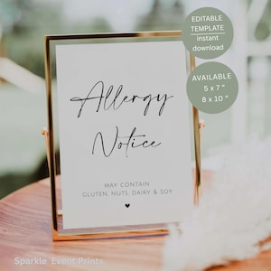 Minimalist Allergy Notice Sign, May Contain Gluten Nuts Dairy Soy, Editable Printable Wedding Template
