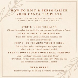 May include: A beige graphic with instructions on how to edit and personalize a Canva template. The text includes steps on opening the link, signing in, customizing the design, and downloading the final version. Decorative floral elements are in the corners.