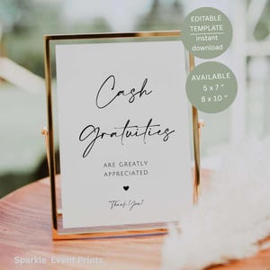 Minimalist Cash Gratuities Sign, Printable Wedding Bartender Tips Table Decor, Editable Canva Template
