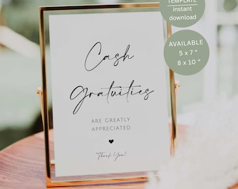 Letrero minimalista de propinas en efectivo, decoración imprimible para mesa de propinas de barman para bodas, plantilla editable de Canva