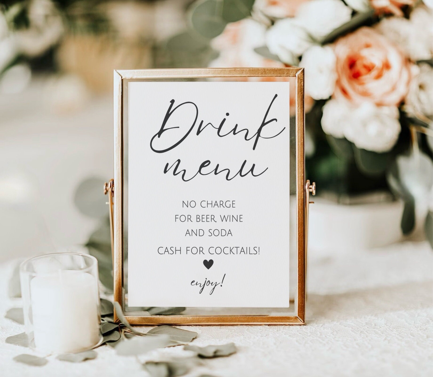 Drink Menu Sign, No Charge for Beer Wine and Soda, Cash for Cocktails ...