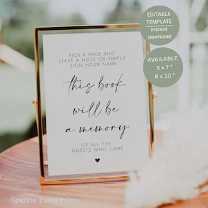 This Book Will Be A Memory Sign, Printable Wedding Guestbook Table Decor, Editable Canva Template