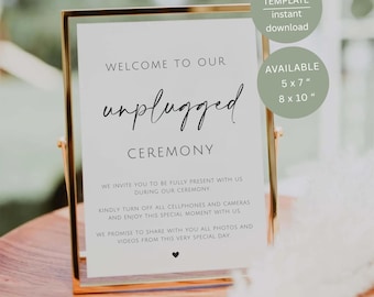 Letrero minimalista para ceremonia desconectada, decoración imprimible para la mesa de bienvenida de boda, plantilla editable de Canva
