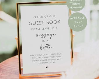 Minimalist Message in a Bottle Sign, Printable Wedding Bottle Guestbook Table Decor, Editable Canva Template