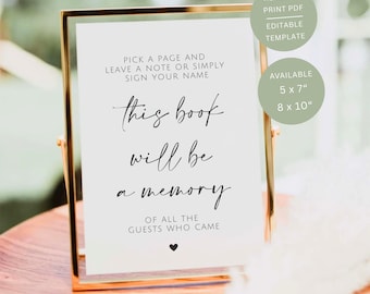 This Book Will Be A Memory Sign, Printable Wedding Guestbook Table Signage, Editable Canva Template