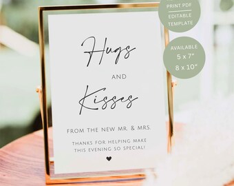 Minimalist Hugs And Kisses Sign, Printable Wedding Favor Table Signage, Editable Canva Template