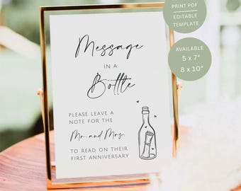 Minimalist Message In a Bottle Sign, Printable Wedding Guestbook Table Decor, Editable Canva Template