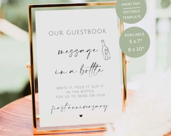Minimalist Message In a Bottle Sign, Printable Wedding Bottle Guestbook Table Decor, Editable Canva Template