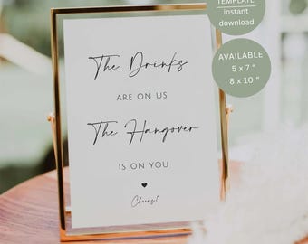 Letrero "Las bebidas corren por nuestra cuenta", decoración imprimible para mesa de barra libre de boda, plantilla editable de Canva