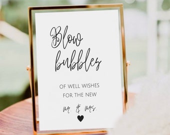 Minimalist Blow Bubbles Sign, Well Wishes For The New Mr And Mrs Template, Wedding Bubbles Table Sign, Printable Bubble Send Off Signage