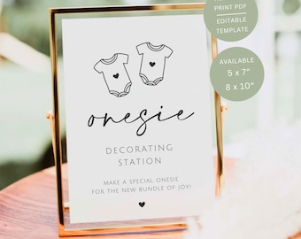 Minimalist Onesie Decorating Station, Printable Baby Shower Activity Table Signage, Editable Canva Template