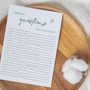 20 Questions About The Groom, Printable Bridal Shower Game Table Decor, Editable Canva Template