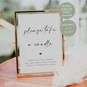 Letrero "Por favor, lleve una vela", decoración de mesa imprimible para recuerdos de boda, plantilla editable de Canva