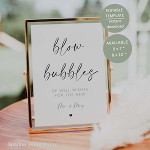 Minimalist Blow Bubbles Sign, Wedding Newlywed Sendoff, Printable Wedding Table Decor, Editable Canva Template