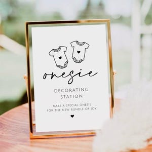 Body Decorating Station, Minimalistische Babyparty-Aktivität, Dekorieren Sie ein Baby-Outfit-Zeichen, spezielles Onesie-Zeichen, Bündel Freude, Babyparty