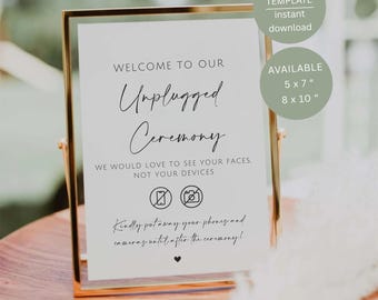 Letrero minimalista para ceremonia desconectada, bienvenida a la boda, decoración de mesa imprimible, plantilla editable de Canva