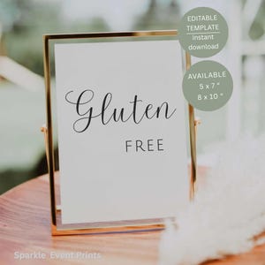 ミニマルなグルテンフリーサイン、印刷可能なウェディングテーブルデコレーション、編集可能なCanvaテンプレート