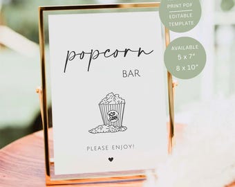 Minimalist Popcorn Bar Sign, Printable Wedding Snack Bar Table Signage, Editable Canva Template