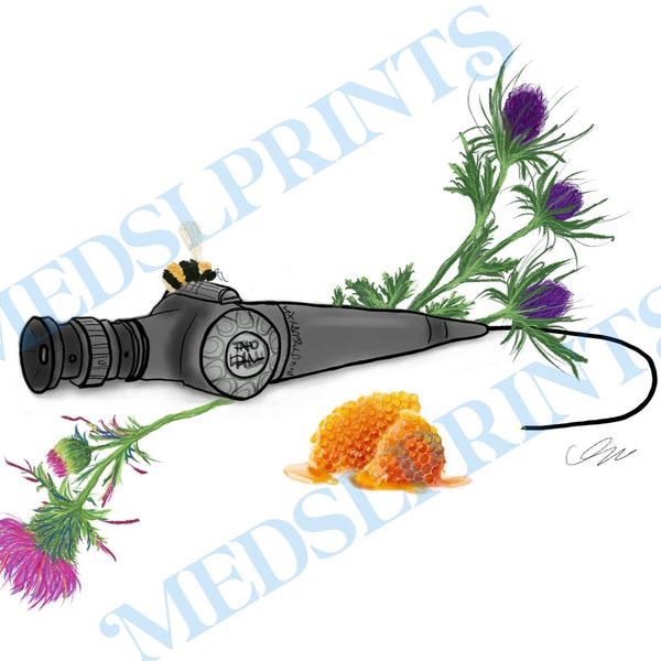 FEES & Florals - Original digital drawing of a FEES (fiberoptic endoscopic assessment of swallowing) scope with flowers, bee and honeycomb