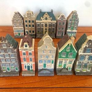 Mother&#39;s Day, birthday, housewarming gift, miniature designer Amsterdam canal cottages (set of 10) Netherlands (4in/10cm H)