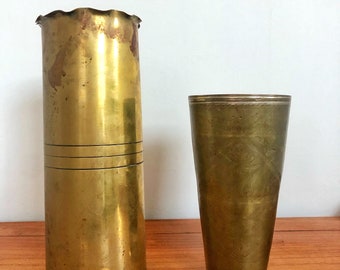 Trench art, World War 1 artillery casings turned into a vase and a drinking cup
