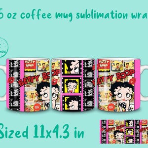Vintage Betty Boop Comic Sublimationsverpackung für 15 Unzen Kaffeetasse, Retro Cartoon Tumbler Design, png