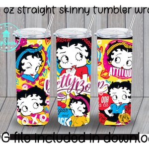 May include: A 20 ounce straight skinny tumbler wrap featuring a colorful design with a cartoon character, Betty Boop. The design includes a variety of colors, including pink, yellow, blue, red, and green. The wrap is designed to fit a 20 ounce tumbler.