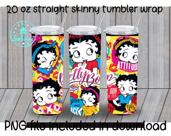 Emballage numérique à sublimation pour gobelet maigre, 20 oz Betty Boop - Conception de toboggan aquatique nostalgique de dessin animé rétro