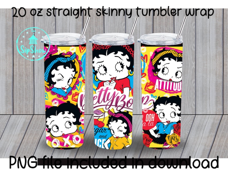 May include: A 20 ounce straight skinny tumbler wrap featuring a colorful design with a cartoon character, Betty Boop. The design includes a variety of colors, including pink, yellow, blue, red, and green. The wrap is designed to fit a 20 ounce tumbler.