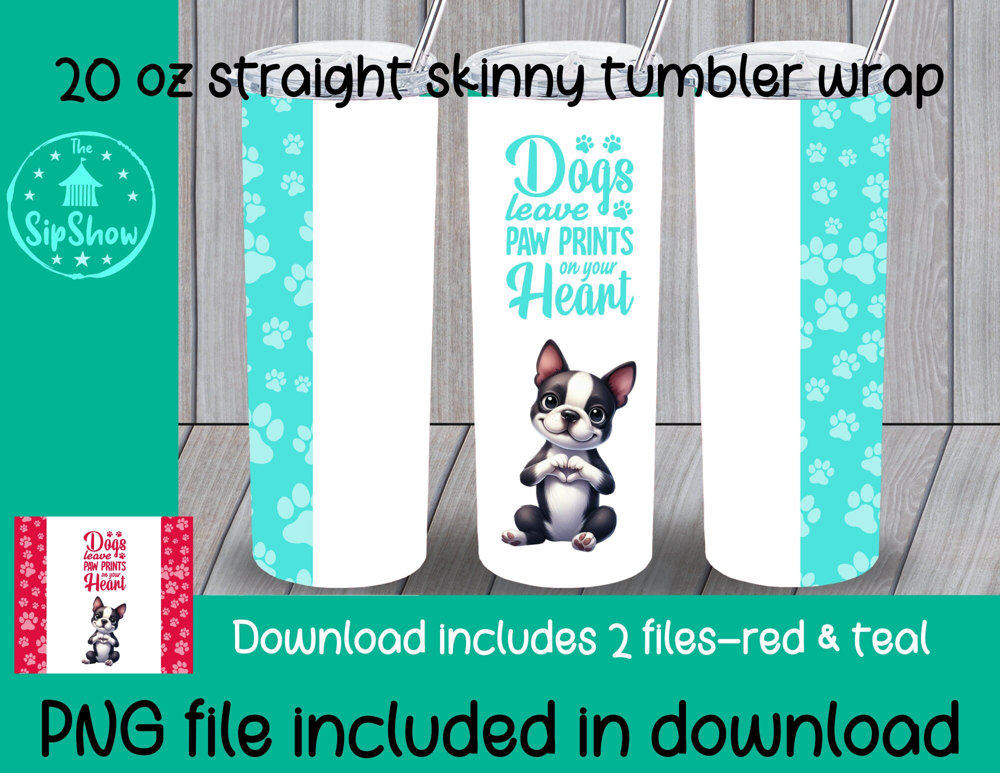 Emballage pour gobelet à sublimation coeur 20 oz Boston Terrier avec empreintes de pattes - Cadeau pour amoureux des chiens