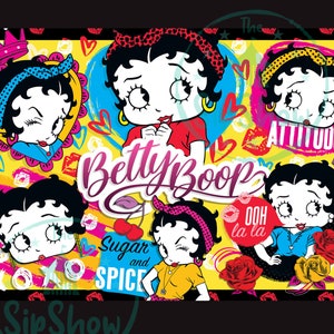 May include: A colorful digital illustration featuring Betty Boop in various poses. The background is a mix of yellow, pink, red, and blue with hearts, lips, and the words "Sugar and Spice", "The Attitude", and "Ooh la la".