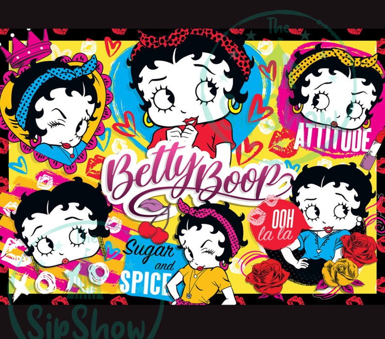 May include: A colorful digital illustration featuring Betty Boop in various poses. The background is a mix of yellow, pink, red, and blue with hearts, lips, and the words "Sugar and Spice", "The Attitude", and "Ooh la la".