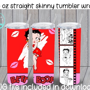 May include: A 20 ounce straight skinny tumbler wrap featuring a red background with white and pink accents. The wrap has a cartoon image of Betty Boop with the text "BETT" and "BOOP" at the bottom. The wrap also has a black and white image of Betty Boop in different scenes.