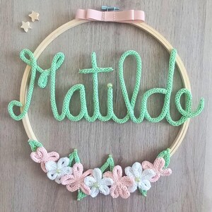 Fiocco Nascita, decorazione cameretta con nome in tricotin, fiori e colori pastello