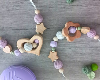 Collana da allattamento glicine in legno naturale, silicone e uncinetto