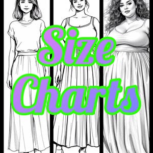 Puede incluir: Tres mujeres con diferentes estilos de vestidos. El texto "Size Charts" está superpuesto sobre la imagen.