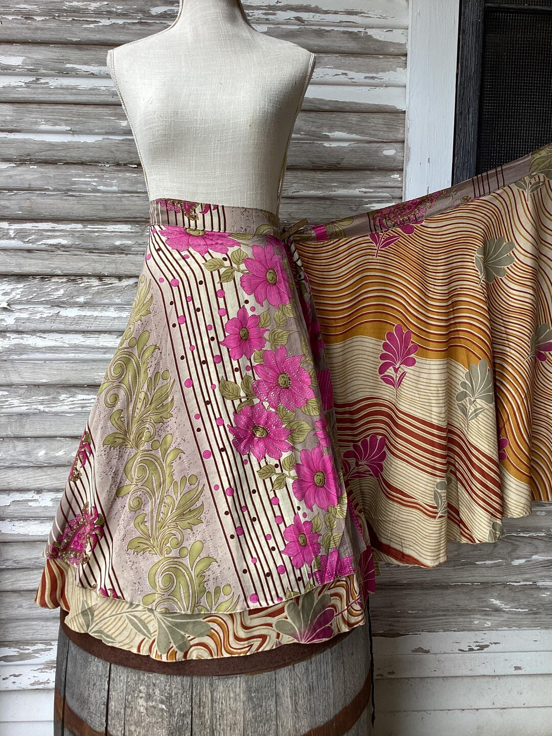 Plus/Tea Length Up-Cycled Reversible Sari Wrap Skirt #86