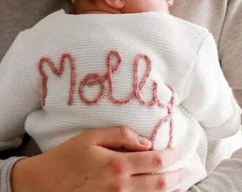 Personalised Baby Cardigan - CREAM. Hand Embroidered Knitted Name. Girl/Boy/Unisex Pregnancy/Baby Shower, Newborn gift.