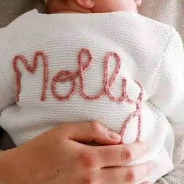 Personalised Baby Cardigan - CREAM. Hand Embroidered Knitted Name. Girl/Boy/Unisex Pregnancy/Baby Shower, Newborn gift.