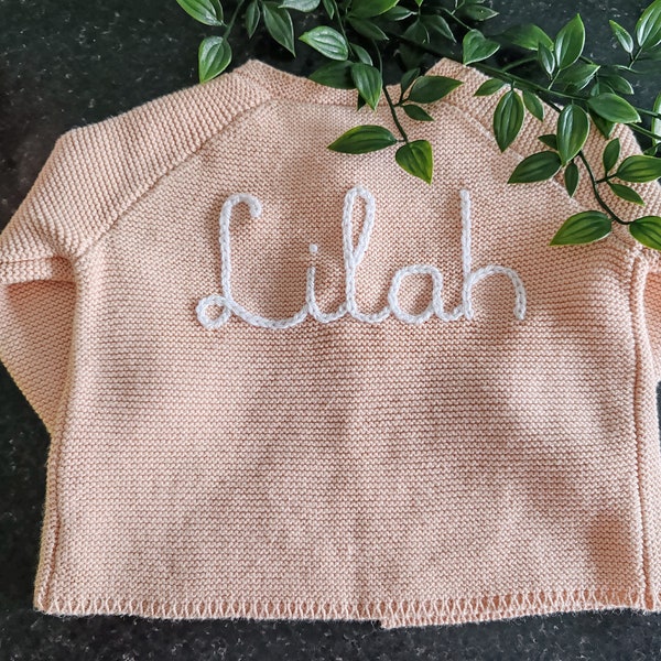 Personalised Baby Cardigan - PINK.  Hand Embroidered Knitted Name. Girl/Boy/Unisex Pregnancy/Baby Shower, Newborn gift.