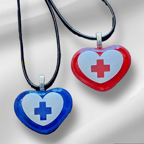 Celebrate Nurses Week. Handmade Fused Glass Heart Pendants with medical cross.