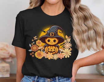 Camisa de Halloween de bruja de calabaza floral, camiseta de Halloween espeluznante y elegante para mujeres, linda camisa de otoño con diseño de calabaza floral
