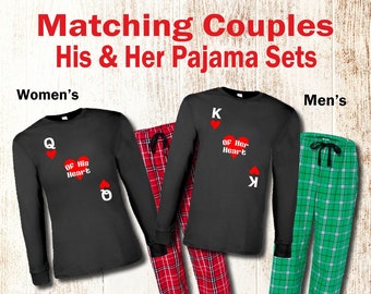 His and Hers King & Queen of Hearts Matching Couples Pajamas, Couples Matching Holiday Christmas Pajamas, Couples Pajama Sets Outfits