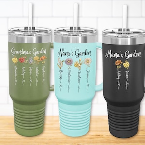 Personalized Nana Grandma Birthflower Names Insulated Travel Mug 40oz Custom Large Tumbler Cup Floral Family Gift Stainless Steel