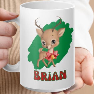 Cute Reindeer Mug, Christmas Reindeer Custom Name Mug, Customizable Secret Santa Gift Mug, Kids Christmas Hot Chocolate Mug
