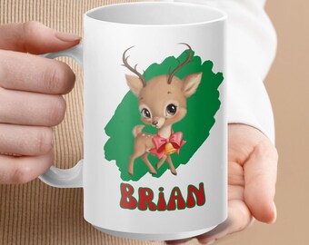 Taza de reno, taza navideña personalizada con nombre, regalo de amigo secreto personalizable, taza de chocolate caliente navideño para niños